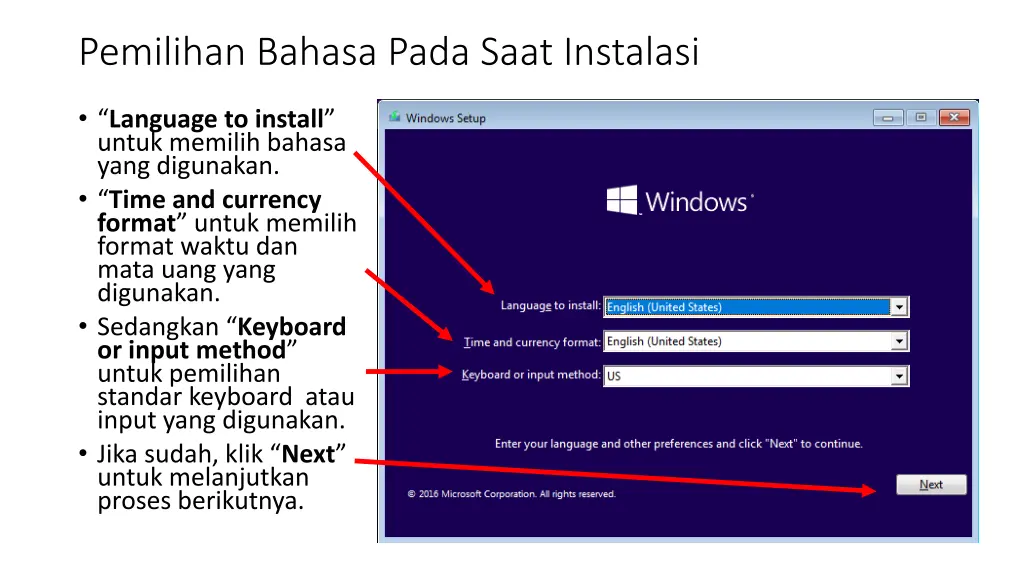 pemilihan bahasa pada saat instalasi