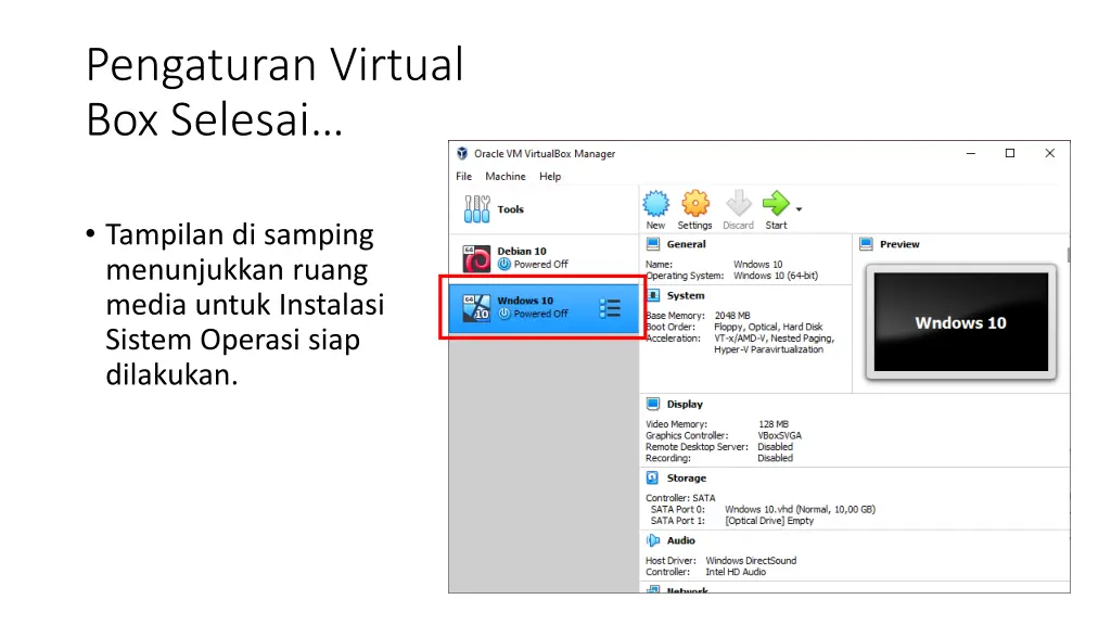 pengaturan virtual box selesai