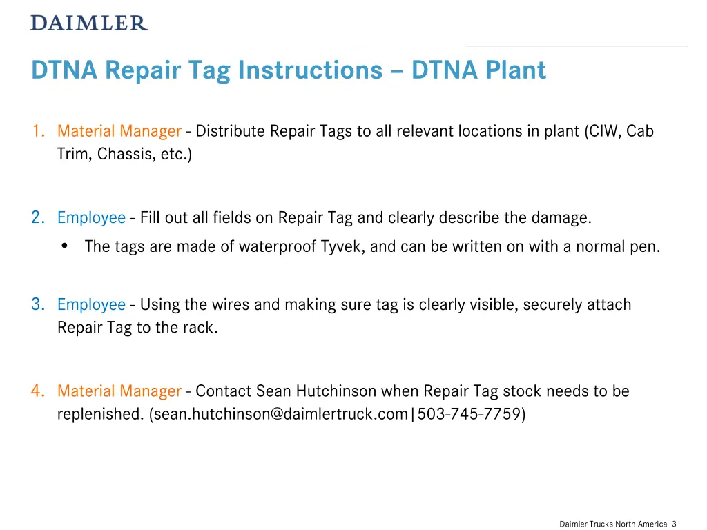 dtna repair tag instructions dtna plant