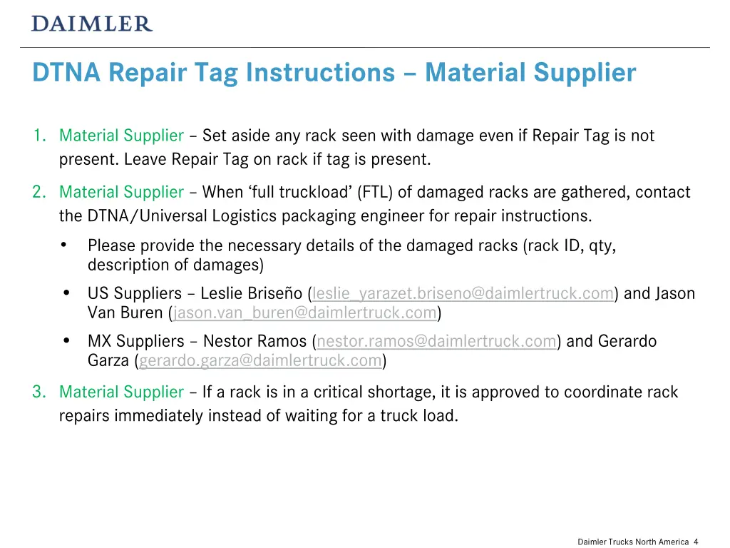 dtna repair tag instructions material supplier