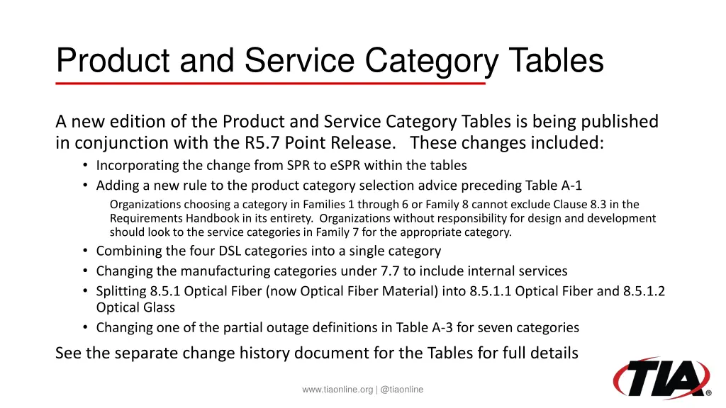 product and service category tables