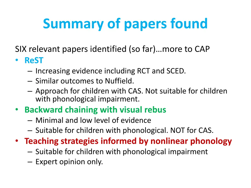 summary of papers found