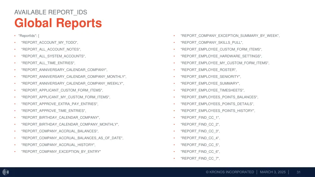 available report ids