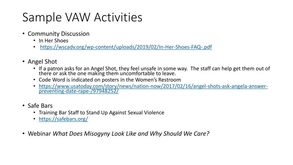 sample vaw activities