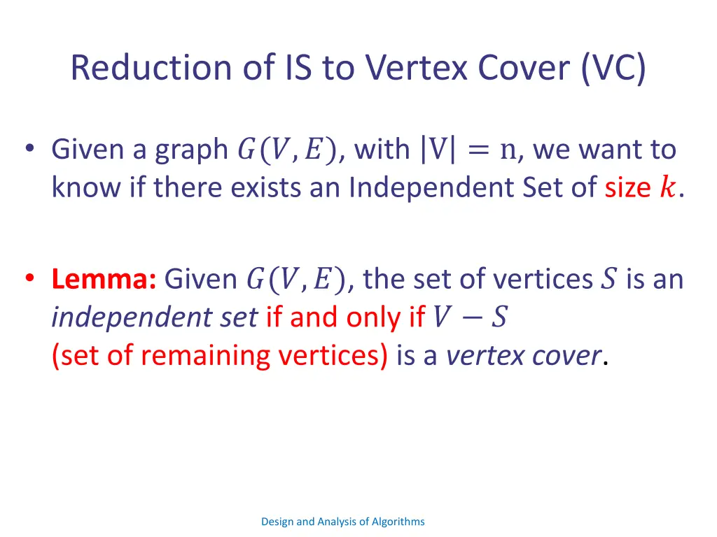 reduction of is to vertex cover vc 1
