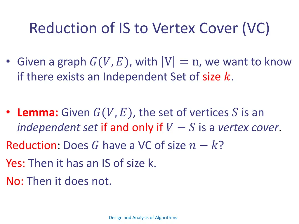 reduction of is to vertex cover vc 2