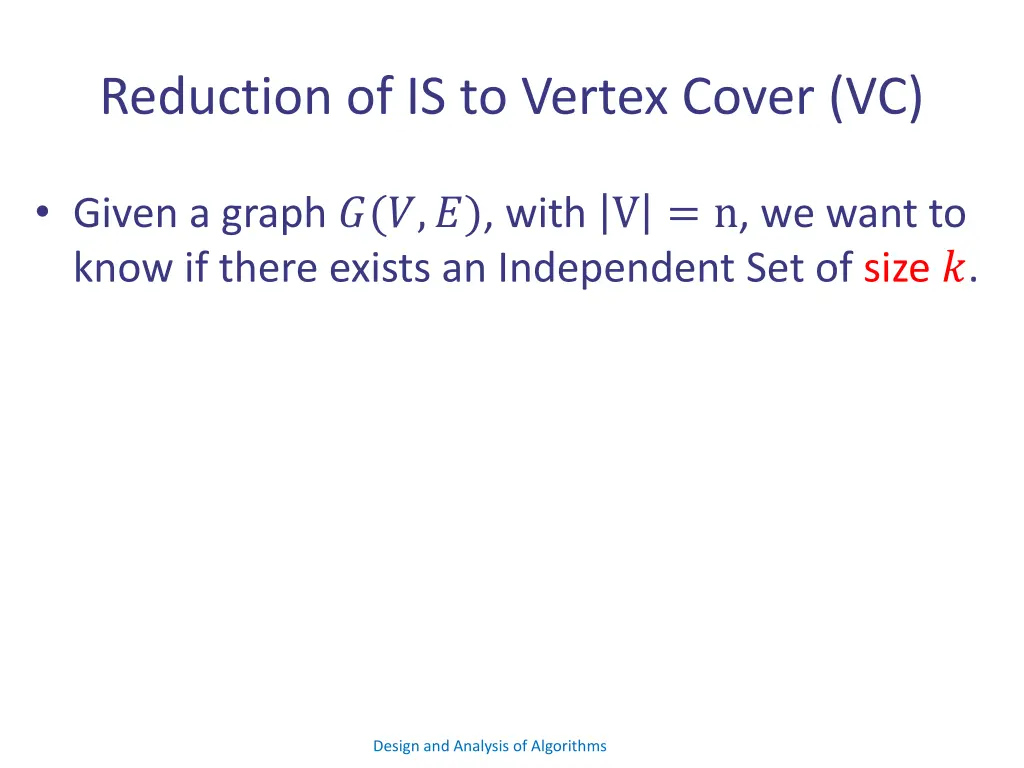 reduction of is to vertex cover vc