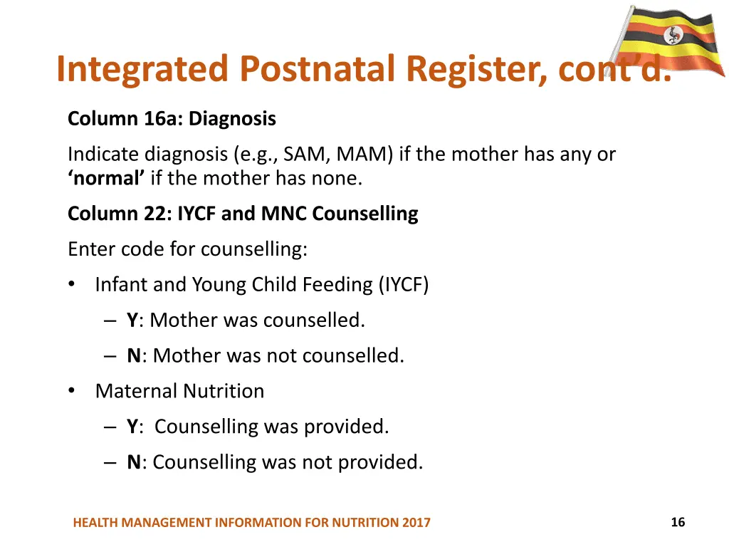 integrated postnatal register cont d