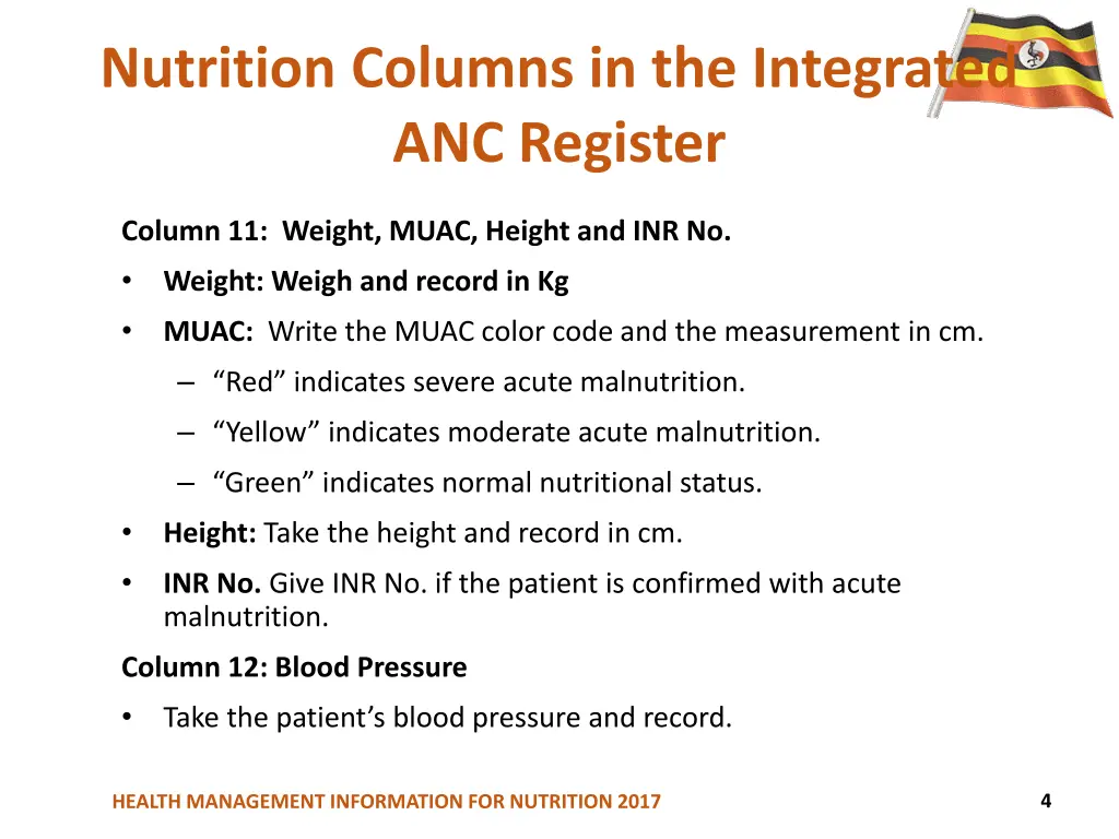 nutrition columns in the integrated anc register