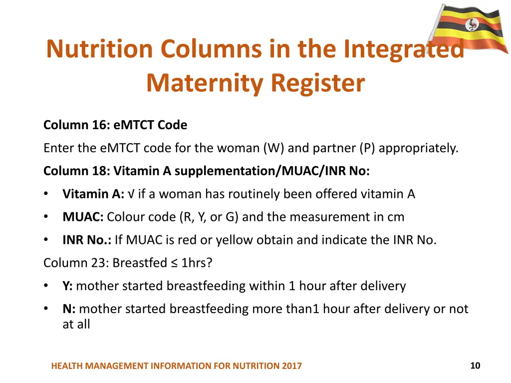 nutrition columns in the integrated maternity
