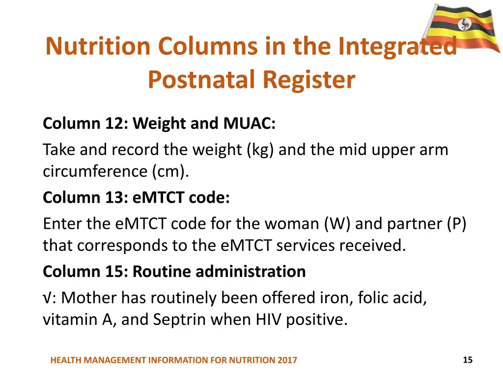 nutrition columns in the integrated postnatal