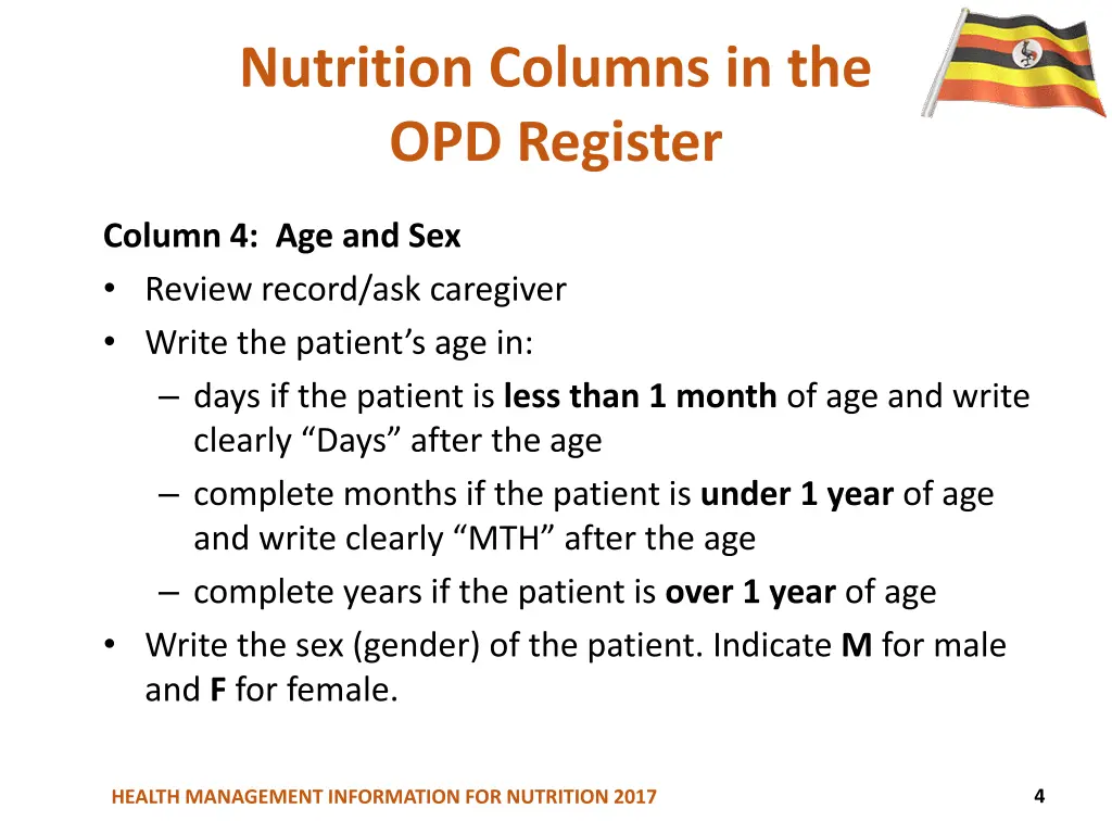 nutrition columns in the opd register