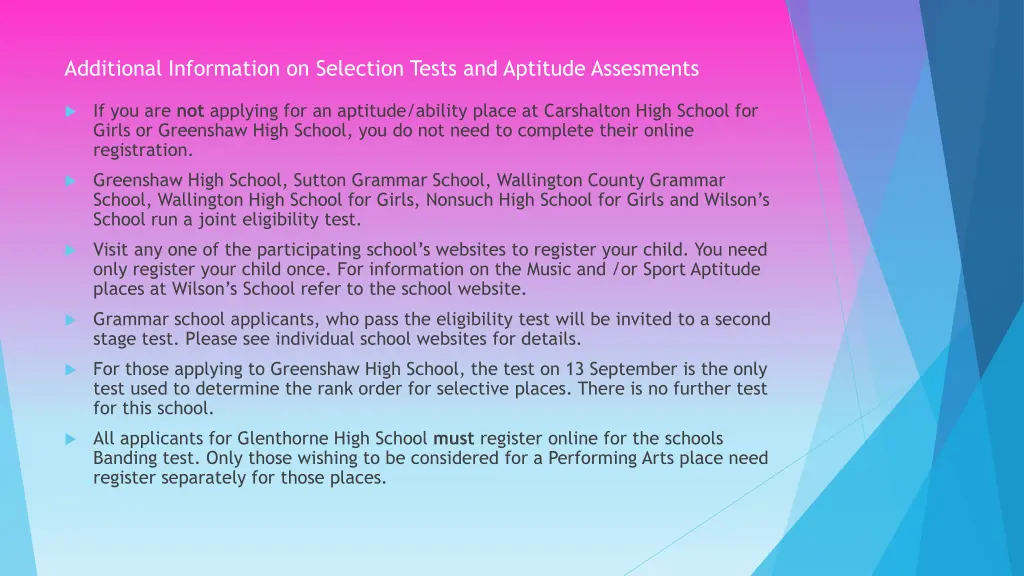 additional information on selection tests