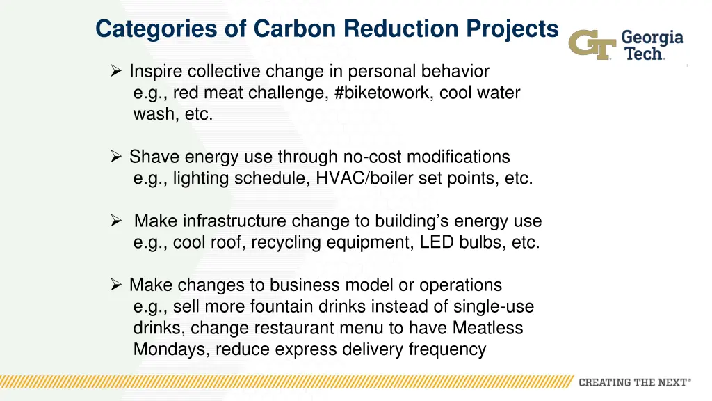 categories of carbon reduction projects