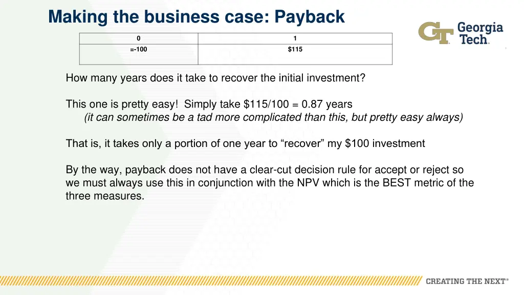 making the business case payback