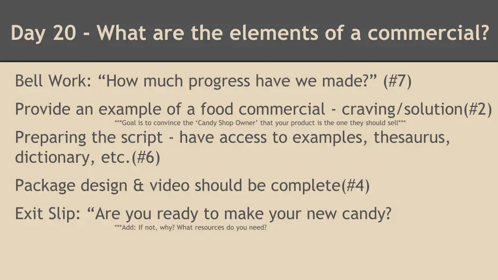 day 20 what are the elements of a commercial