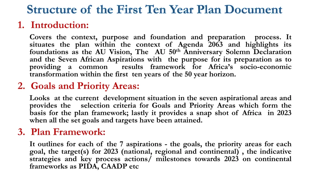structure of the first ten year plan document
