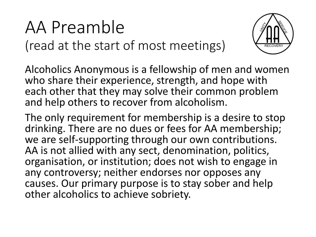 aa preamble read at the start of most meetings