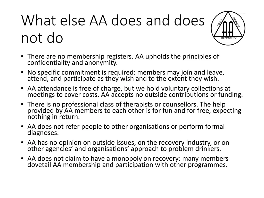 what else aa does and does not do