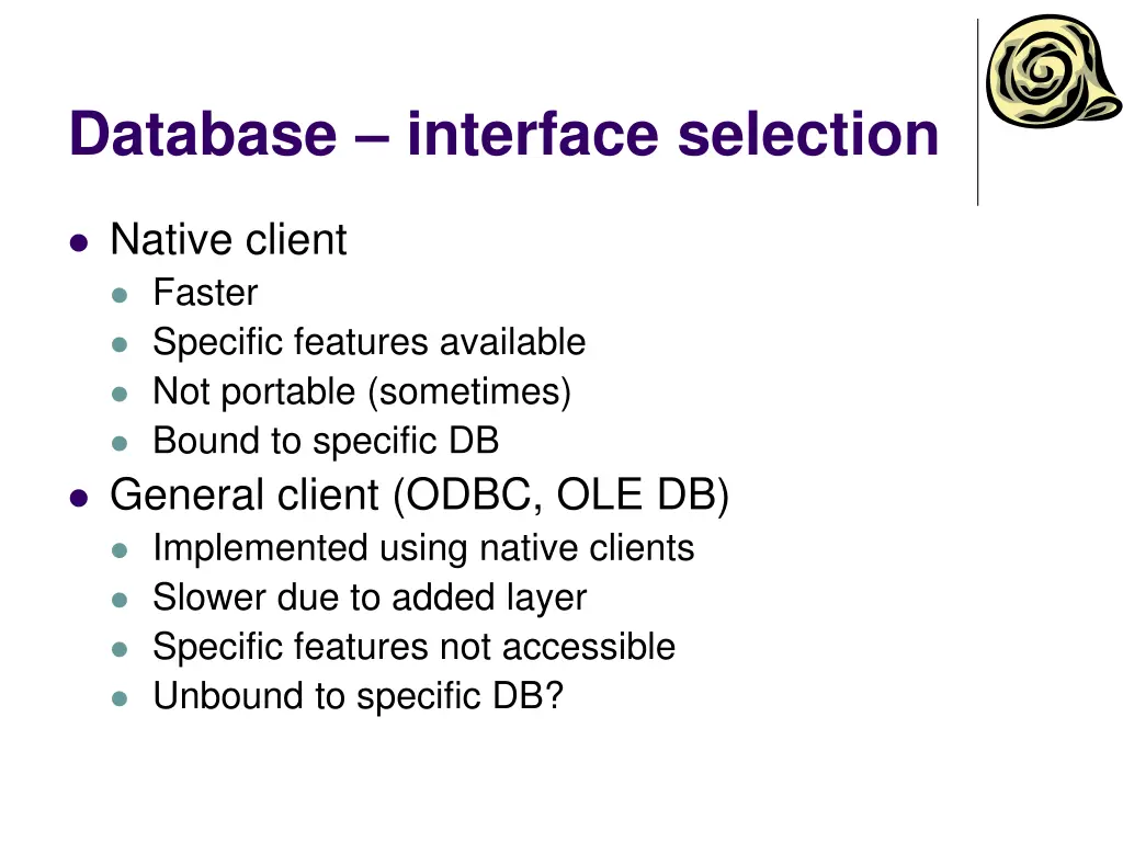 database interface selection