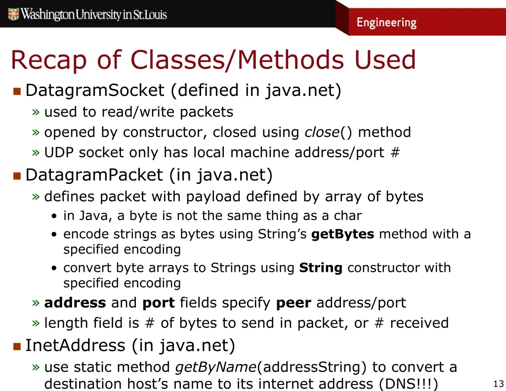 recap of classes methods used datagramsocket
