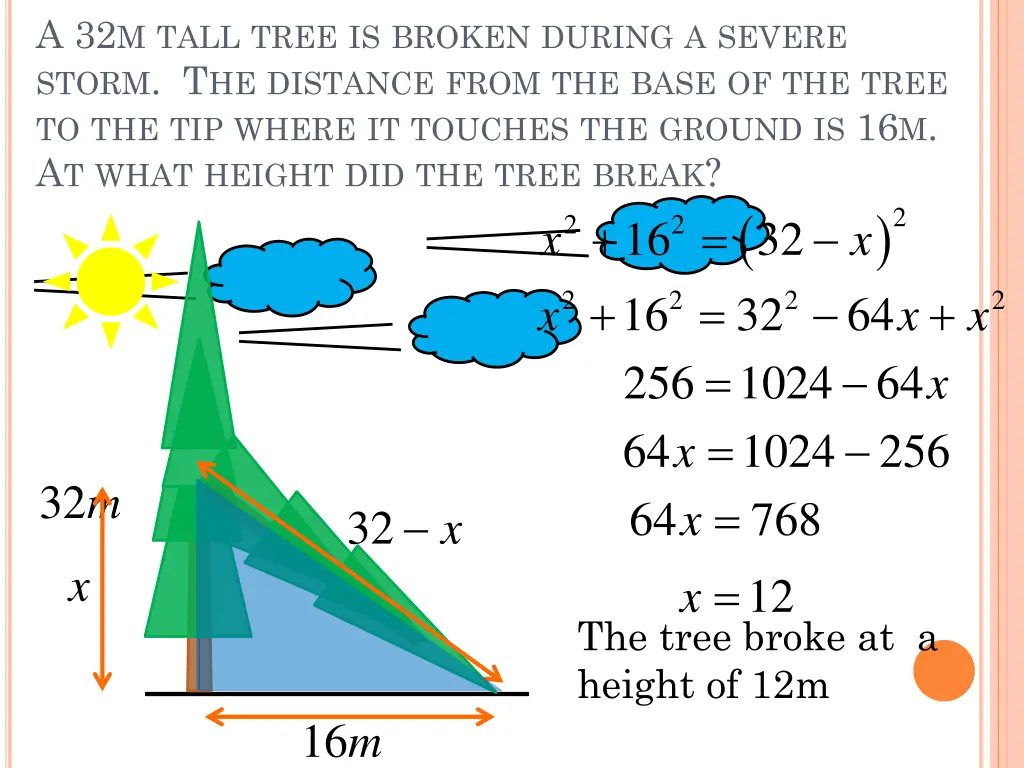 a 32 m tall tree is broken during a severe storm