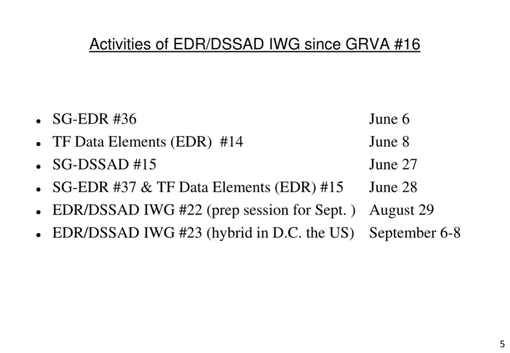 activities of edr dssad iwg since grva 16
