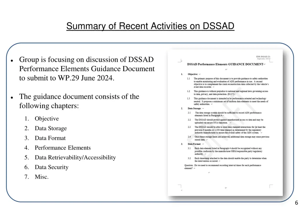 summary of recent activities on dssad