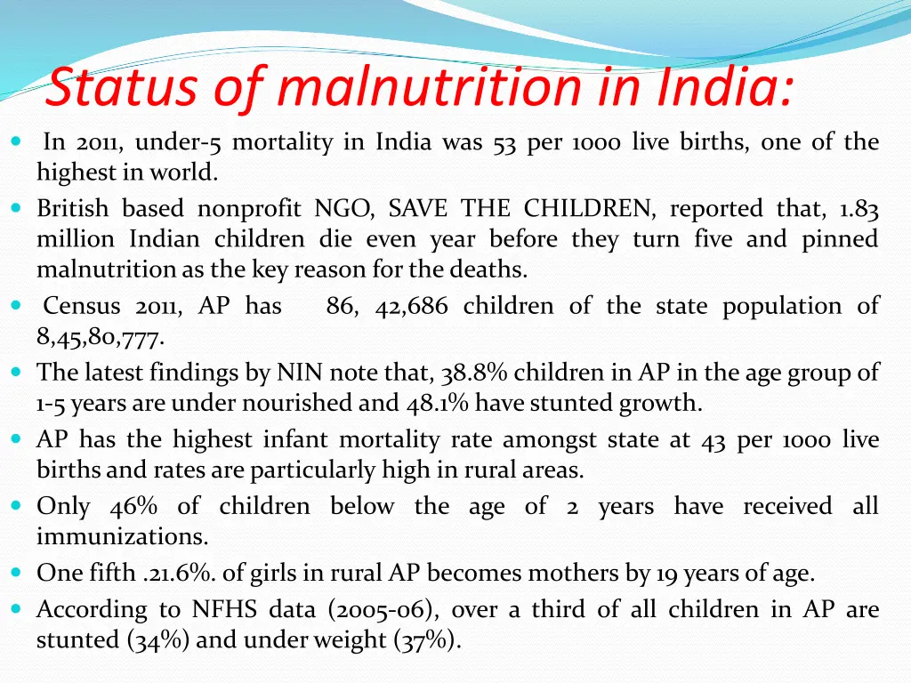 status of malnutrition in india in 2011 under