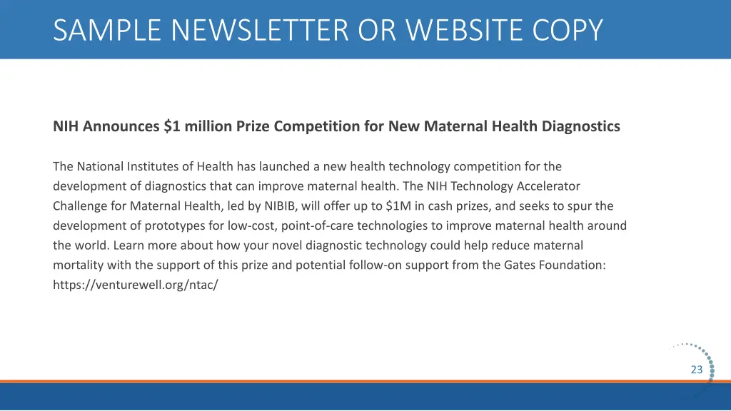 sample newsletter or website copy