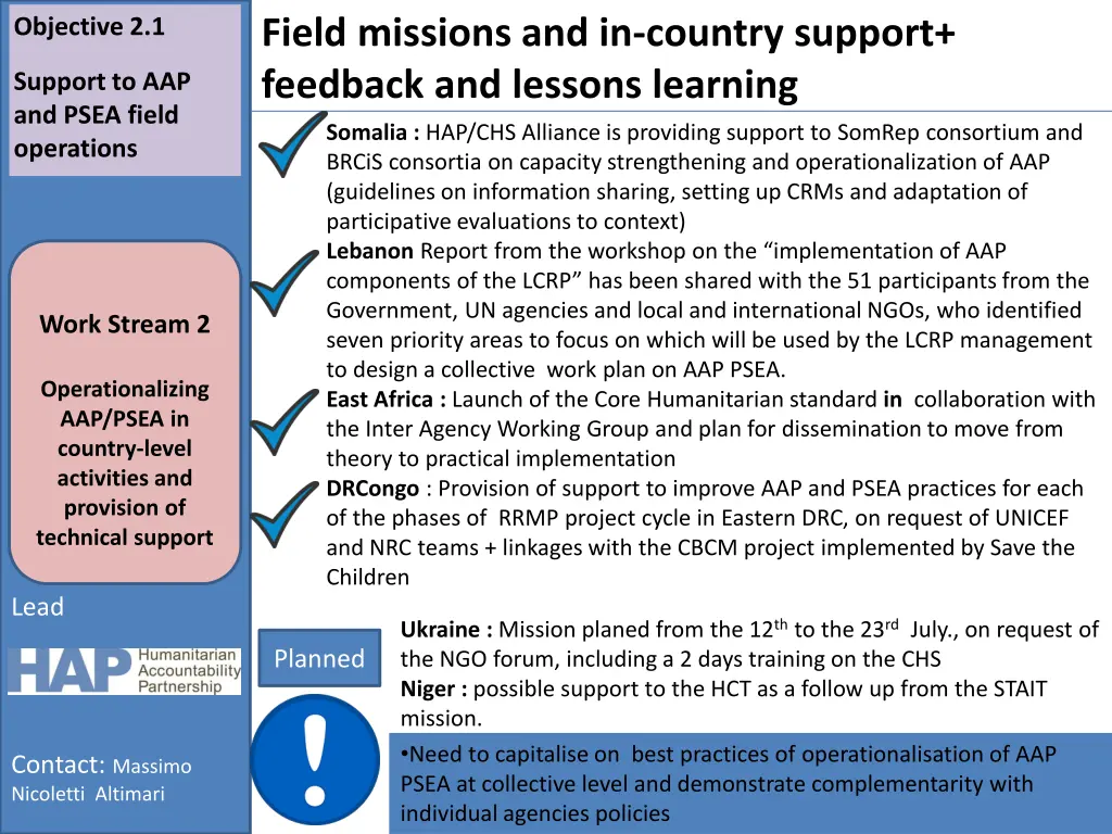 field missions and in country support feedback