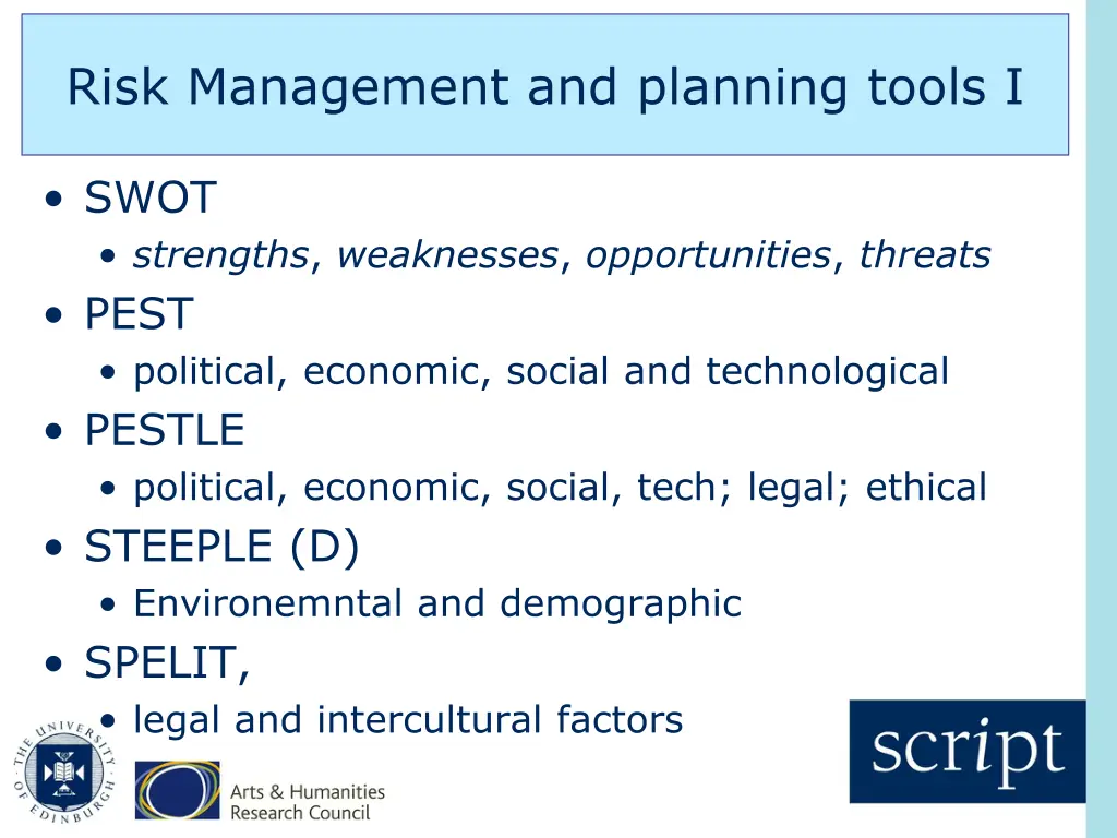 risk management and planning tools i