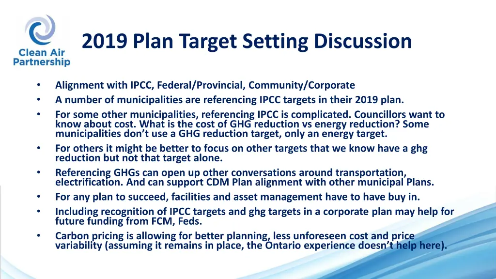 2019 plan target setting discussion