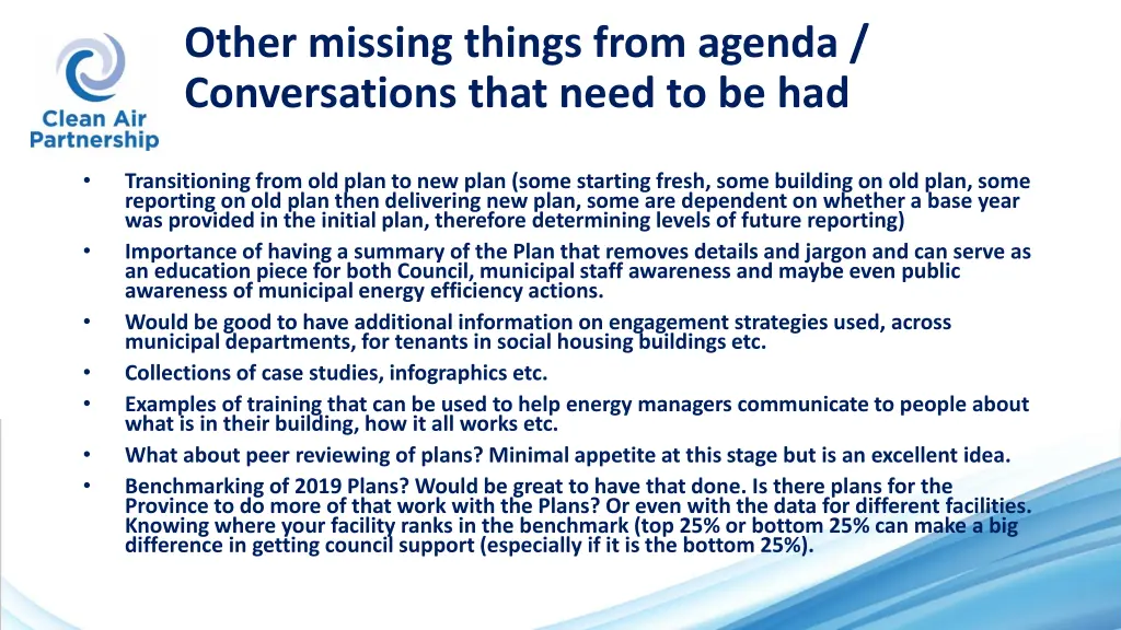 other missing things from agenda conversations