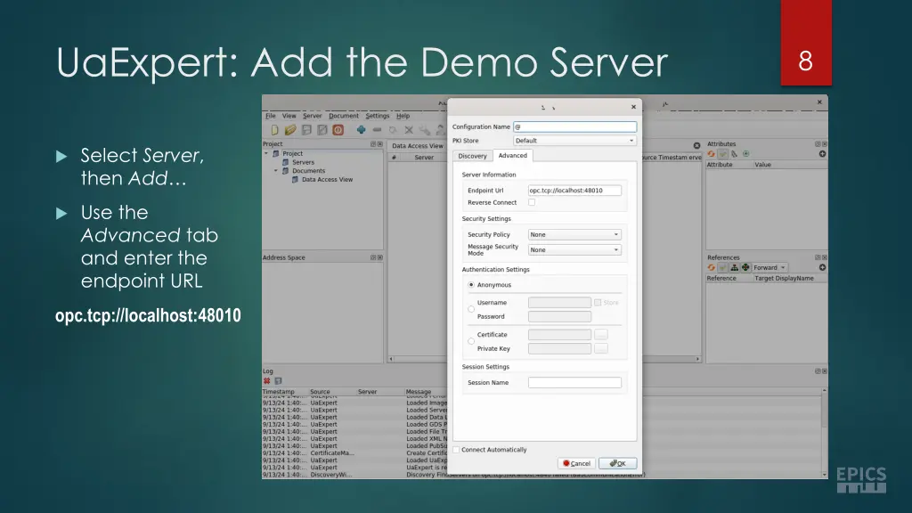 uaexpert add the demo server