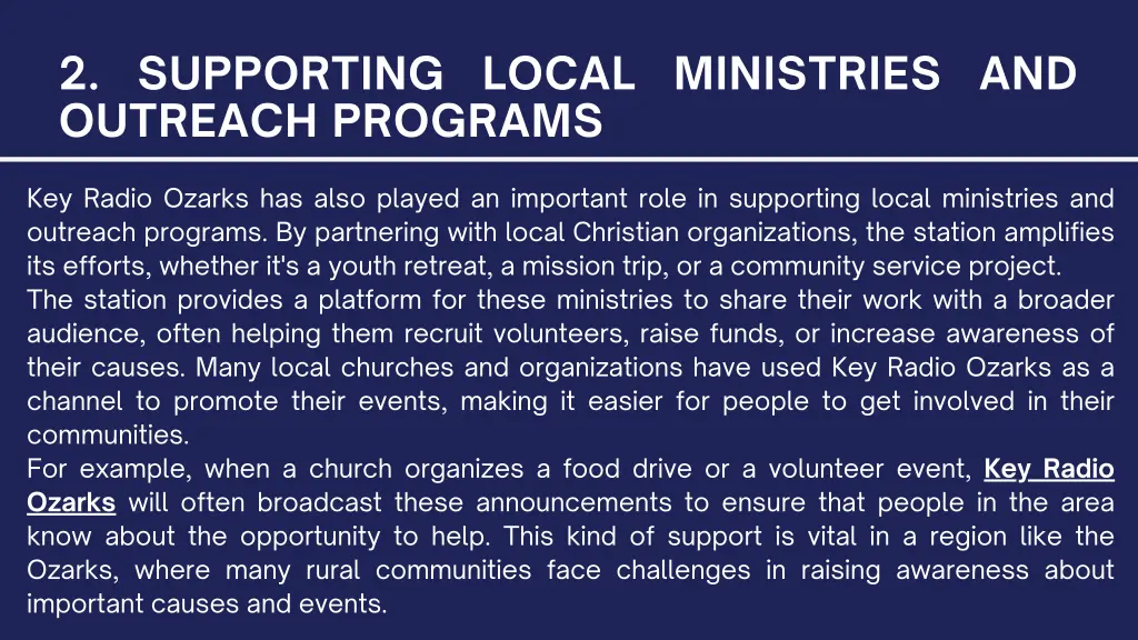 2 supporting local ministries and outreach