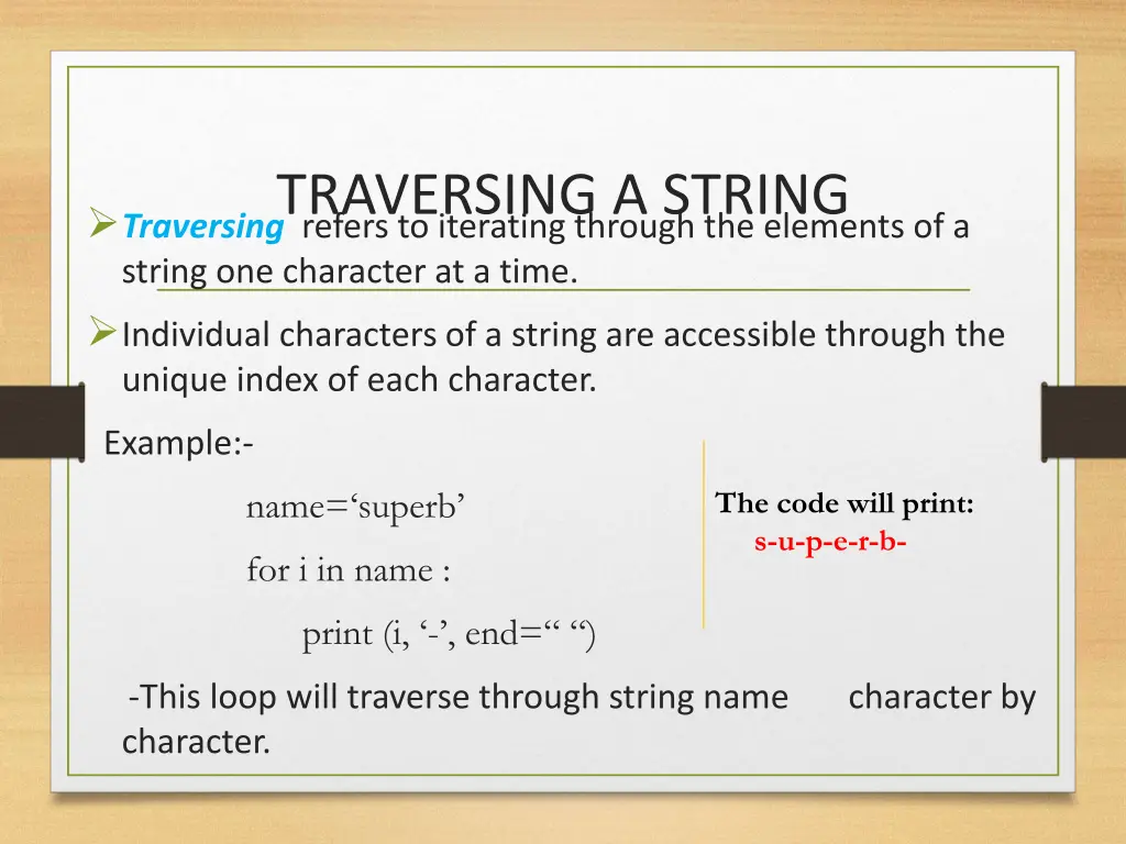 traversing a string traversing refers