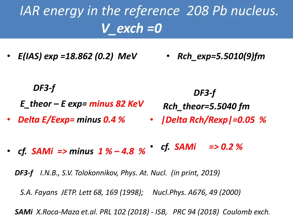 iar energy in the reference 208 pb nucleus v exch
