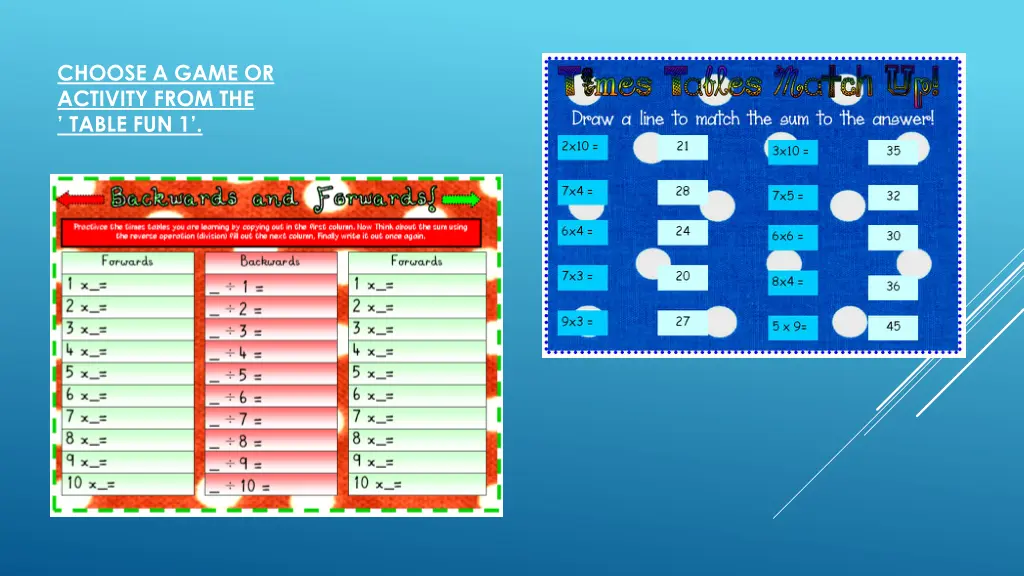 choose a game or activity from the table fun 1
