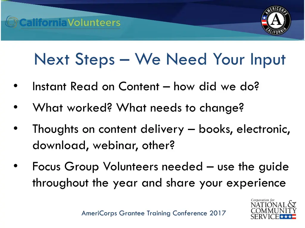 next steps we need your input