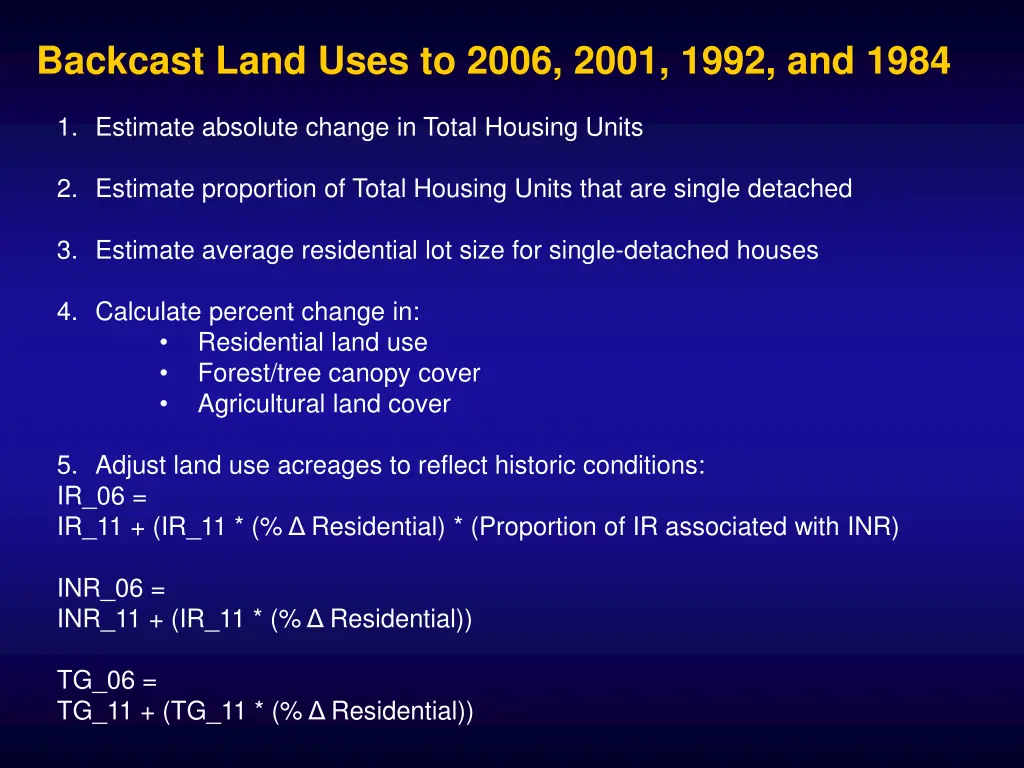 backcast land uses to 2006 2001 1992 and 1984