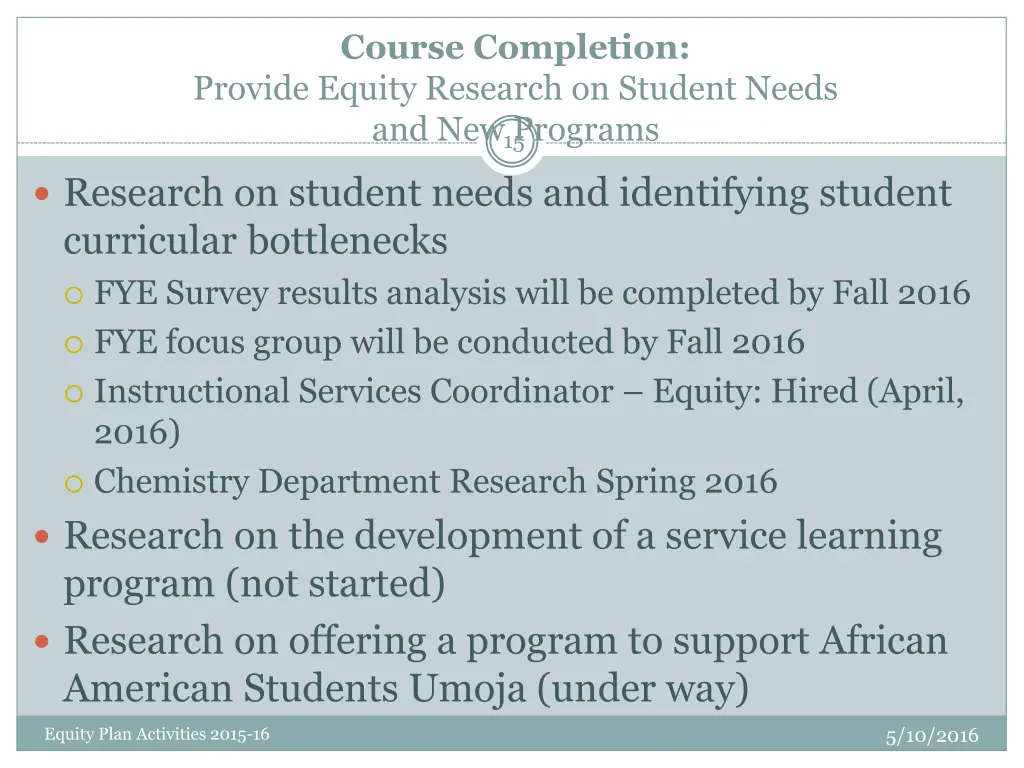 course completion provide equity research