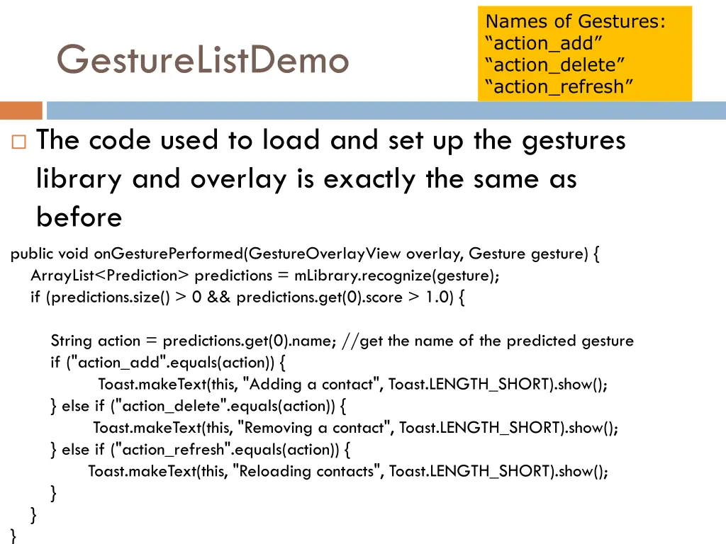 names of gestures action add action delete action