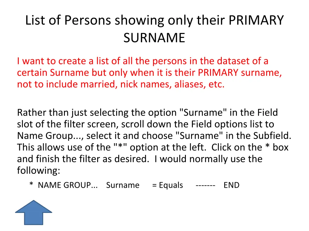 list of persons showing only their primary surname
