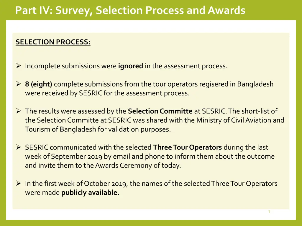 part iv survey selection process and awards 1