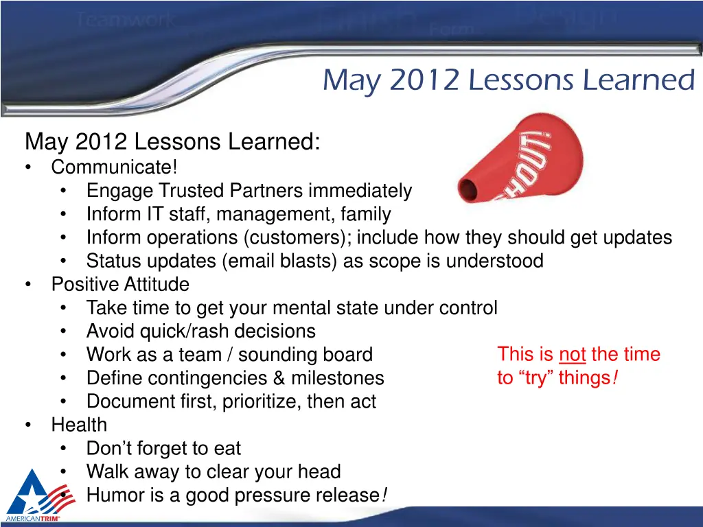 may 2012 lessons learned