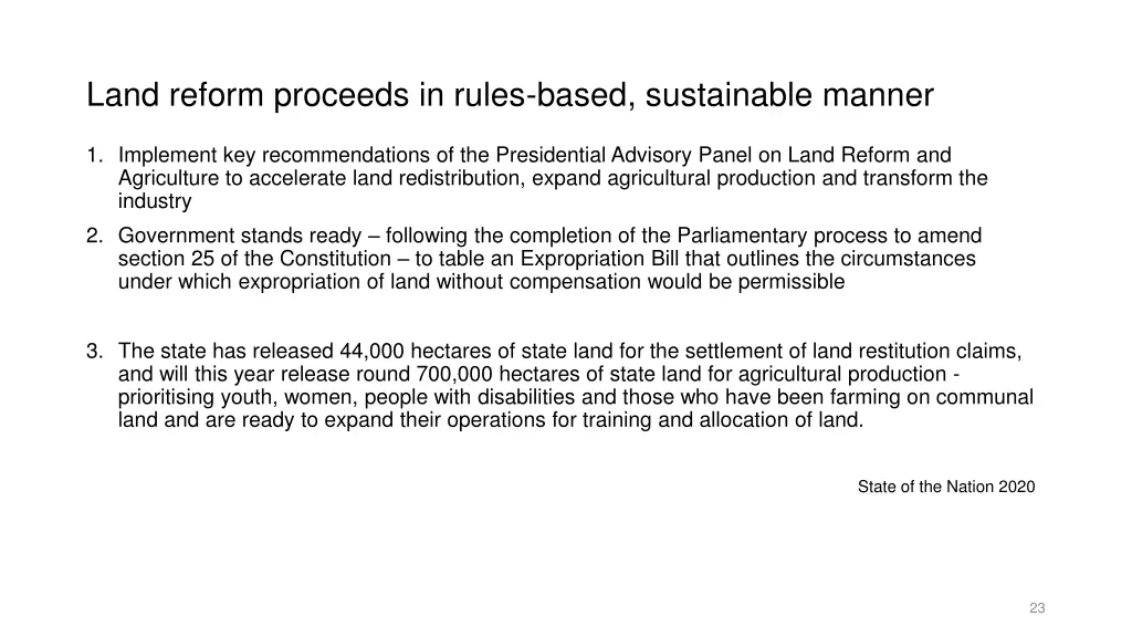 land reform proceeds in rules based sustainable