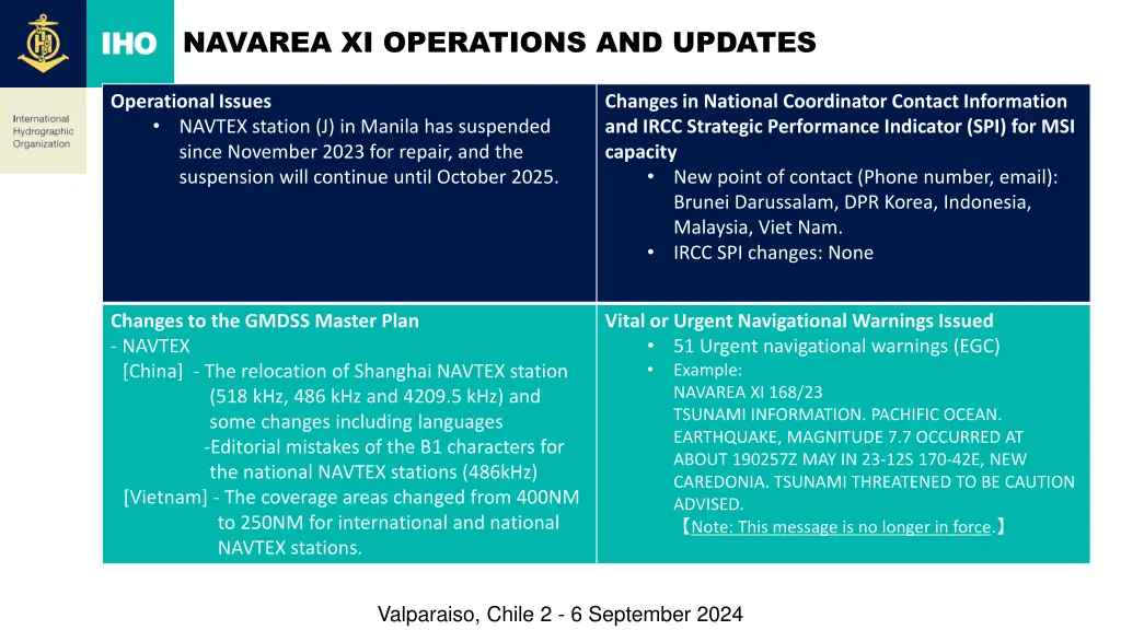 navarea xi operations and updates