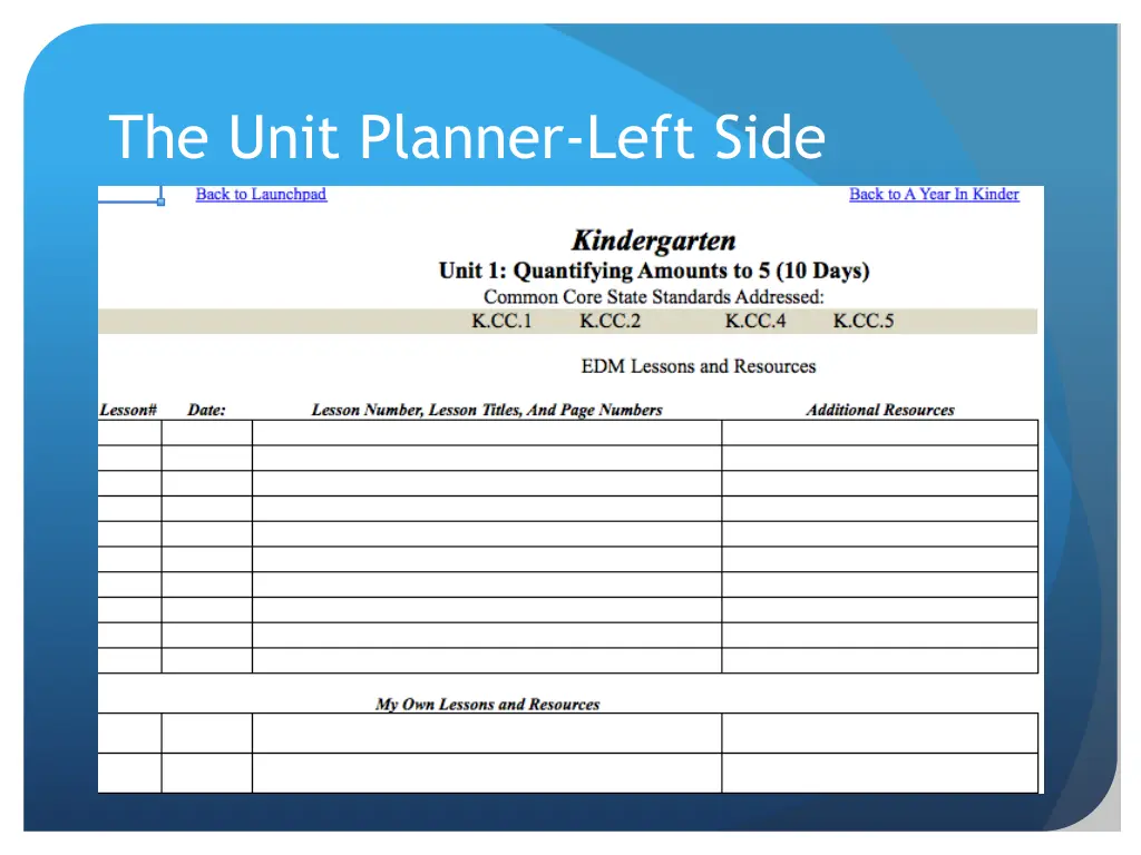 the unit planner left side