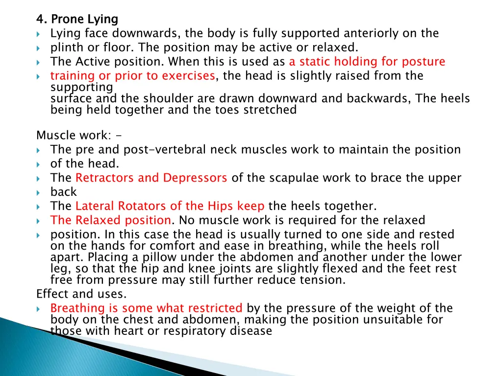 4 prone lying lying face downwards the body